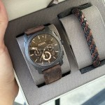 Machine Chronograph Dark Brown Leather Watch and Bracelet Box Set -  FS5251SET - Fossil