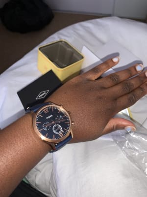 Fenmore midsize multifunction cheap navy leather watch