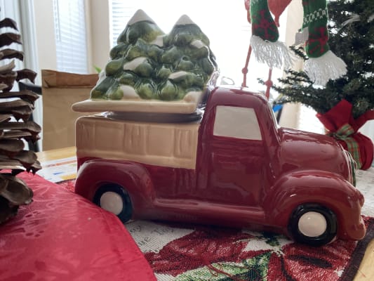 Ceramic New! Farmhouse Christmas Red Truck w/Christmas Tree Cookie Jar 