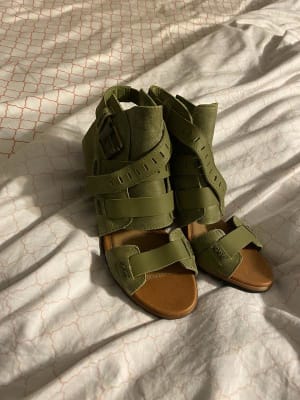 Sorel Nadia Leather Heeled Sandal Women s Shoes in Olive Drab Buckle