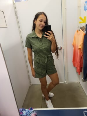 Waist-Defined Short-Sleeve Specially-Dyed Utility Romper for Women