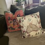 Ivory and Brown Velvet Embroidered Moth Throw Pillow