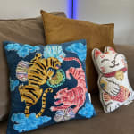 Blue Multicolor Velvet Tigers Embroidered Throw Pillow