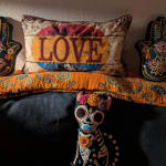 Dia de los Muertos Beaded Cat Skeleton Shaped Throw Pillow